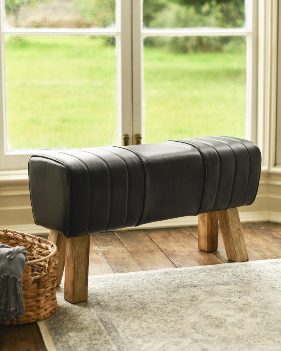 Mango Wood and Black Leather Bench