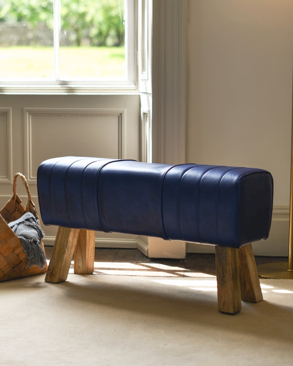Mango Wood and Blue Leather Bench