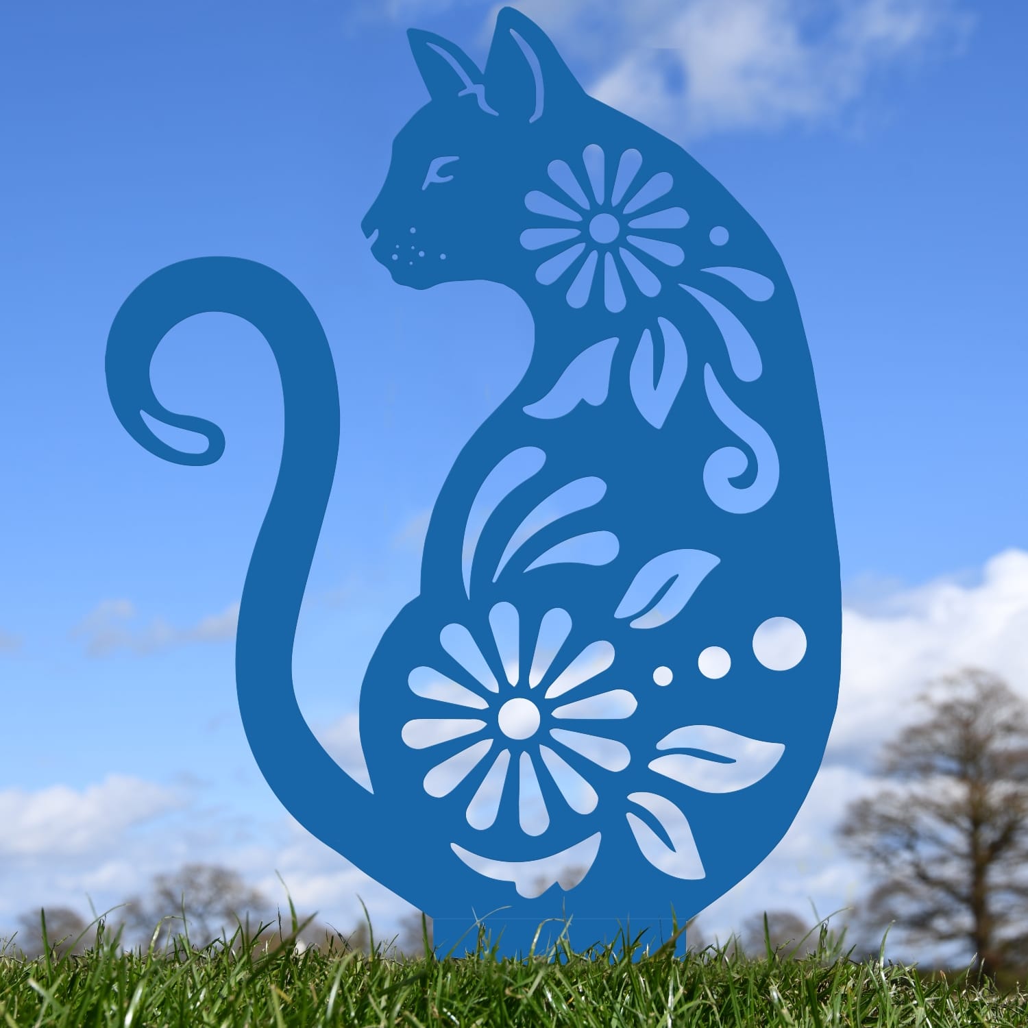 Blue Floral Cat Iron Silhouette