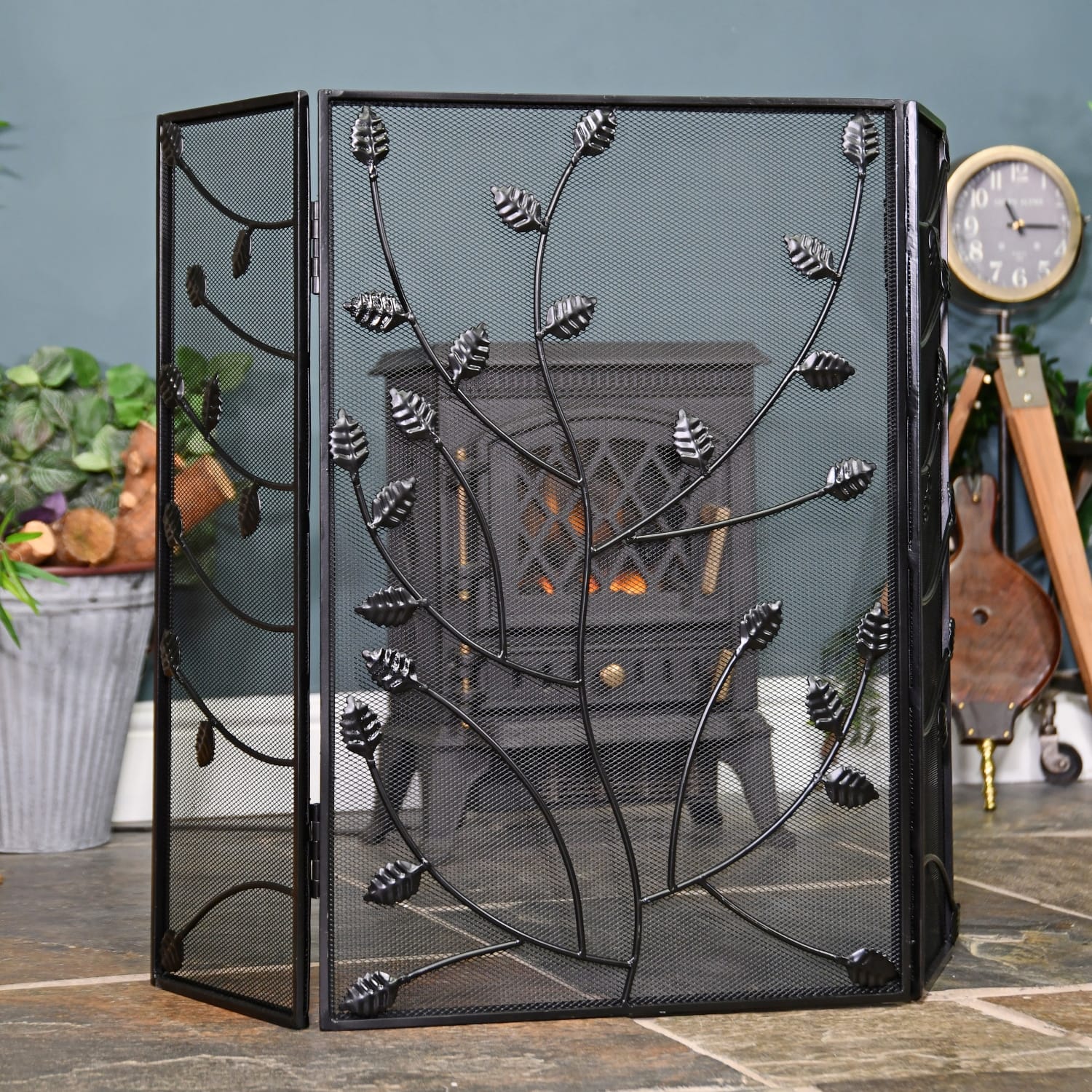 Black Three Fold Fire Guard with Leaf Detailing - 100cm