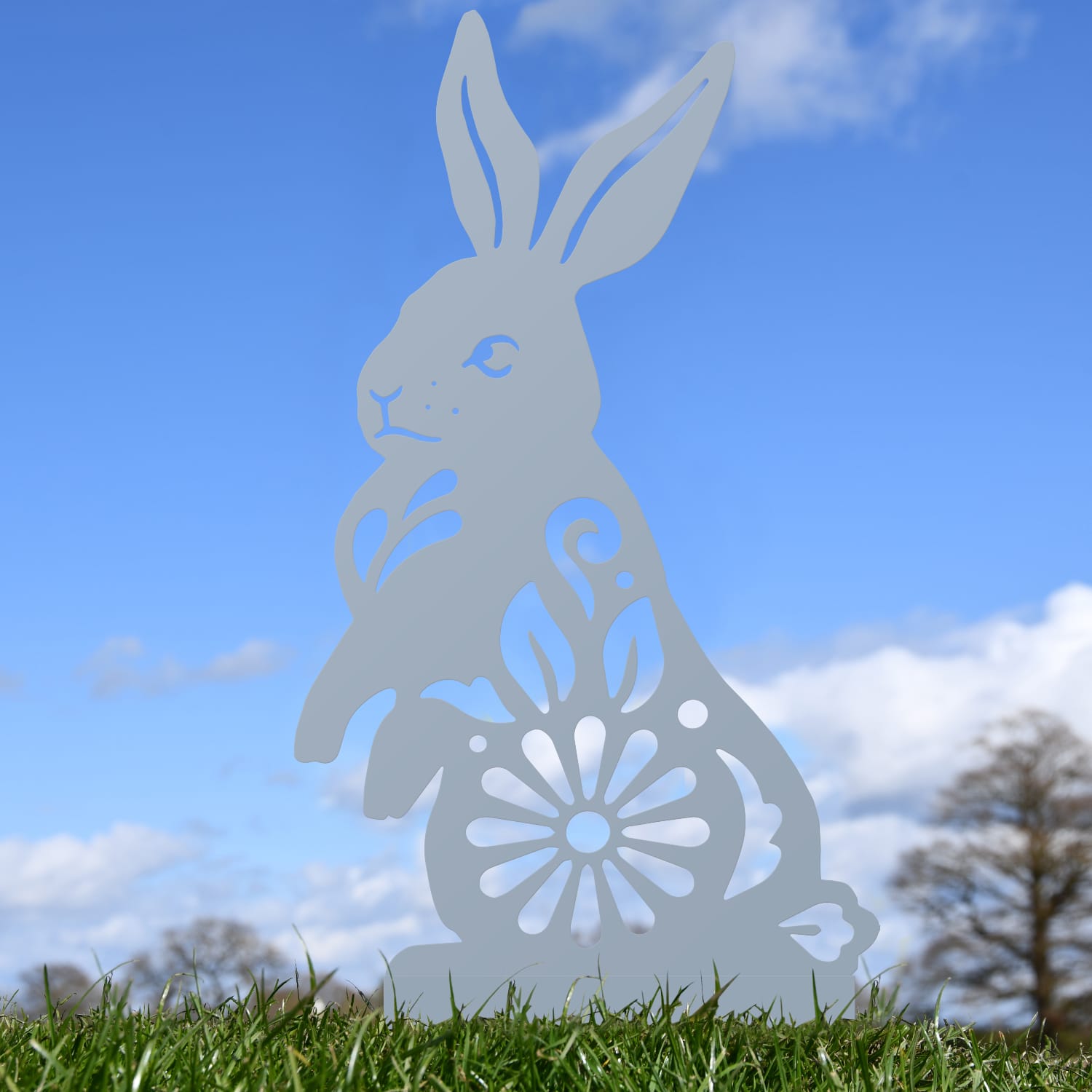 Silver Floral Rabbit Iron Silhouette