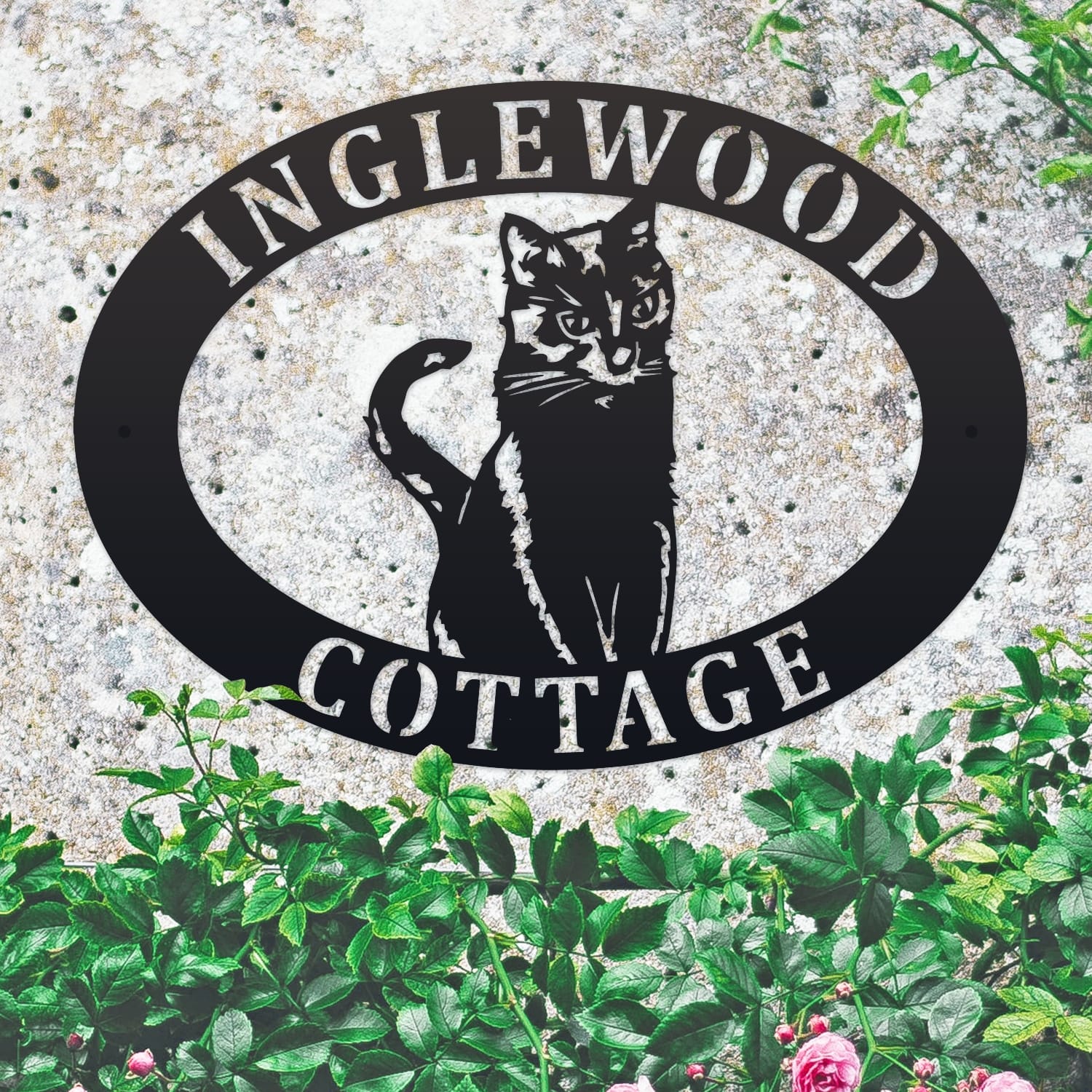 Sitting Cat Oval House Name Sign