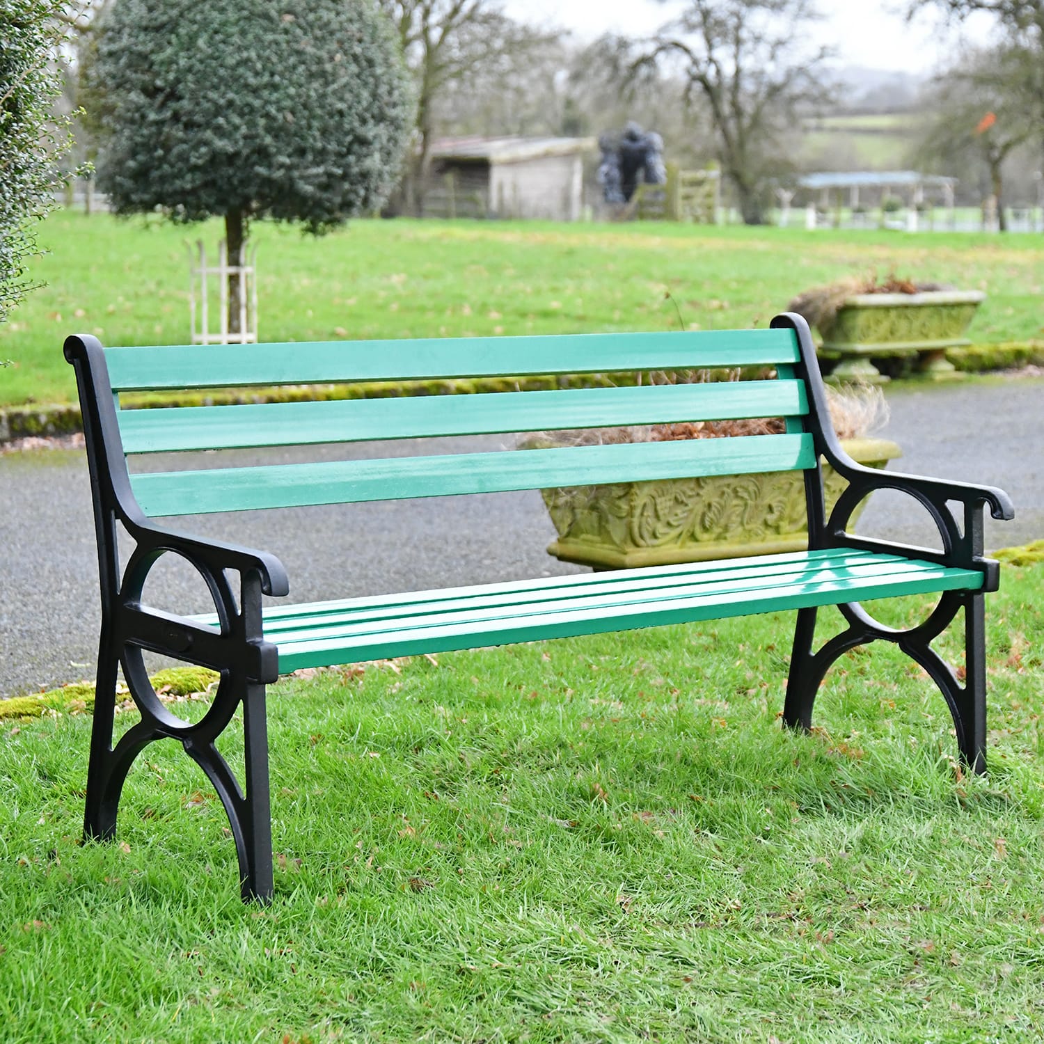Simplistic Green Cast Iron Garden Bench