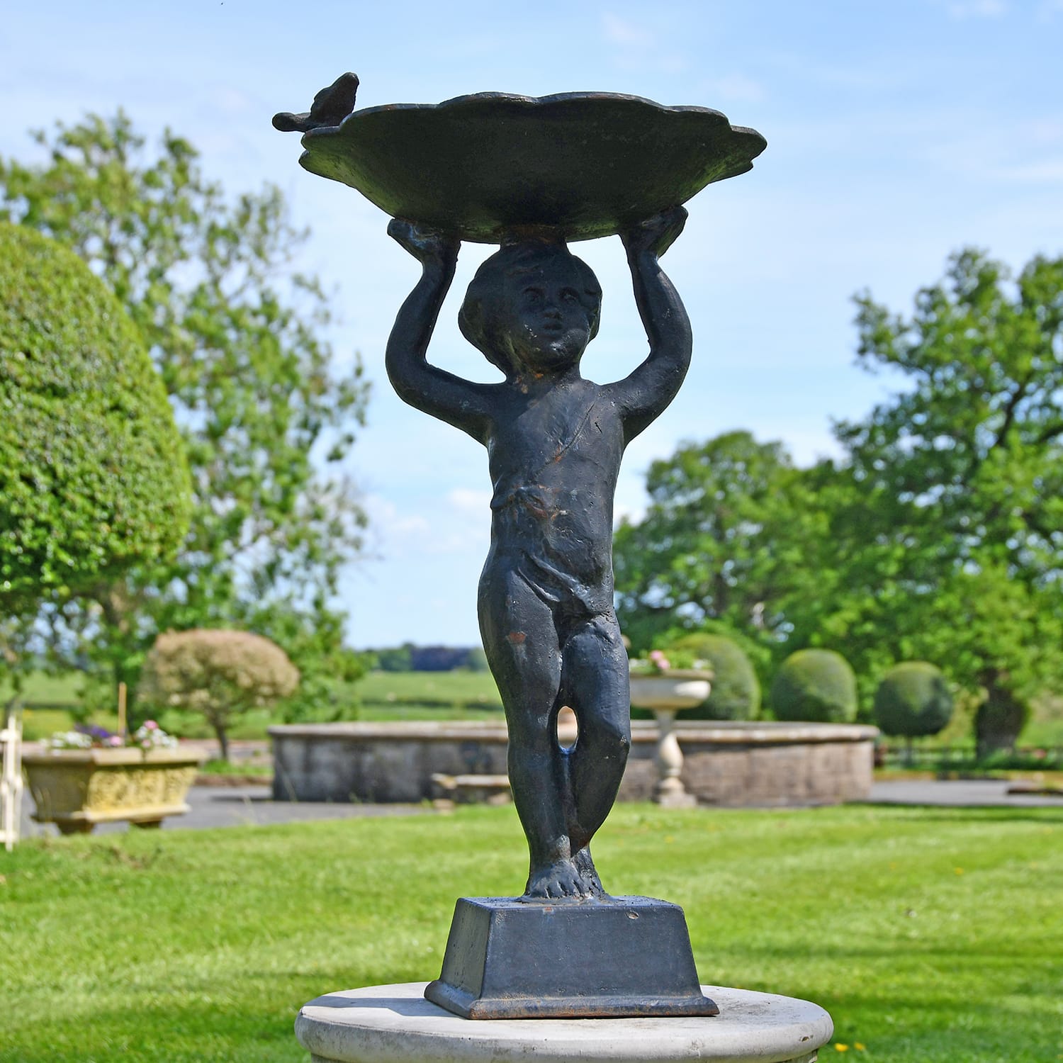Rustic Black Cherub Bird Bath