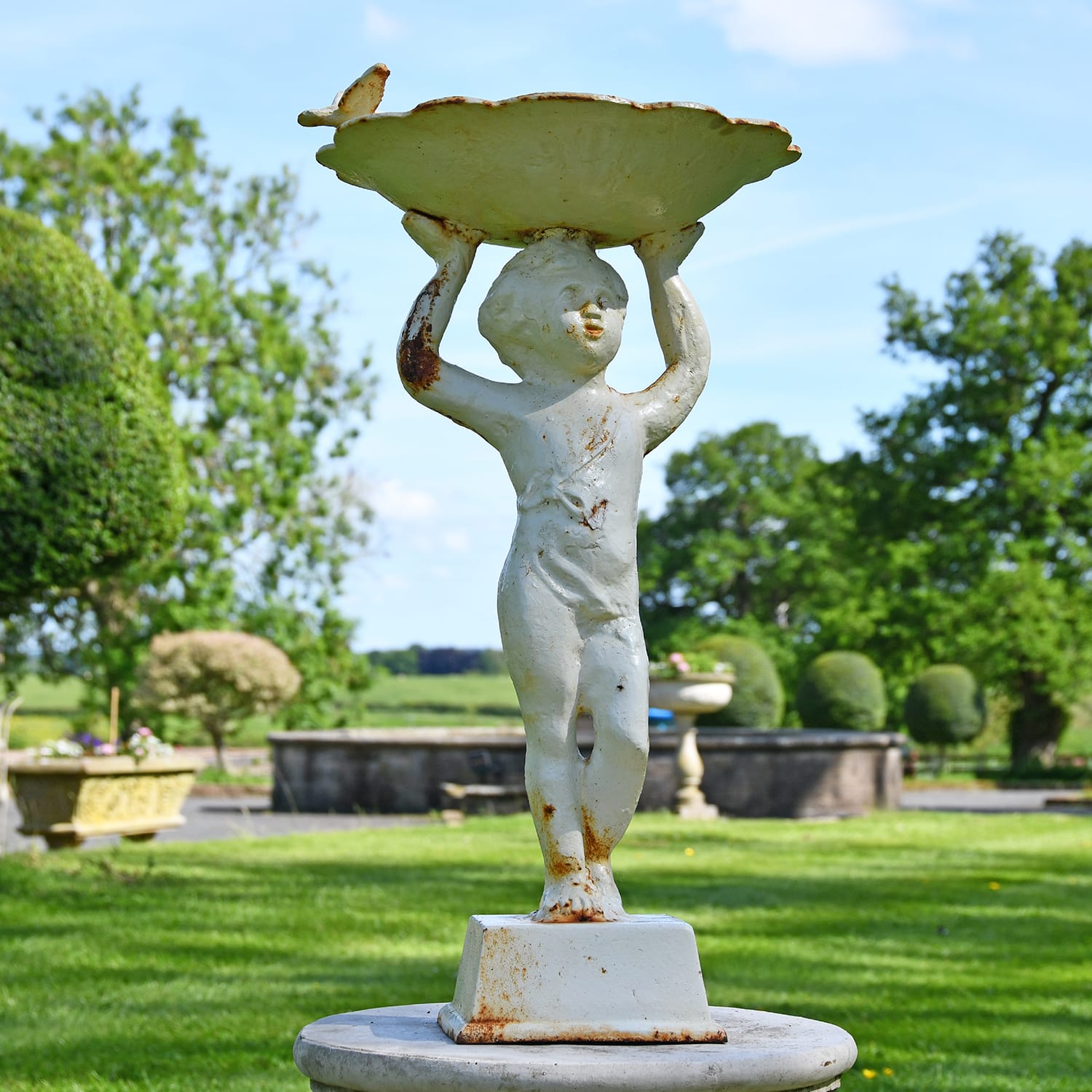 Rustic White Cherub Bird Bath