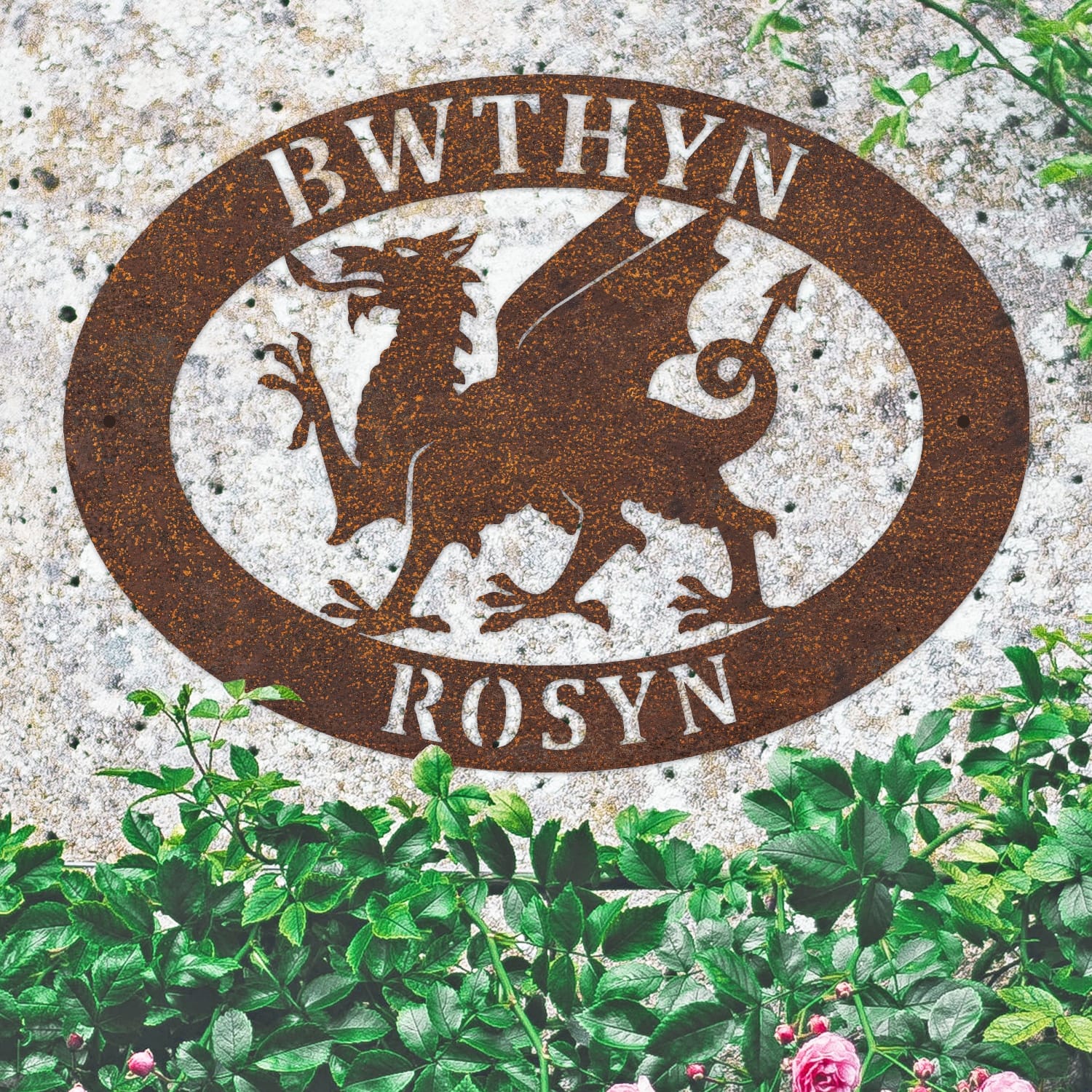 Rustic Welsh Dragon Oval House Name Sign On a Granite Wall