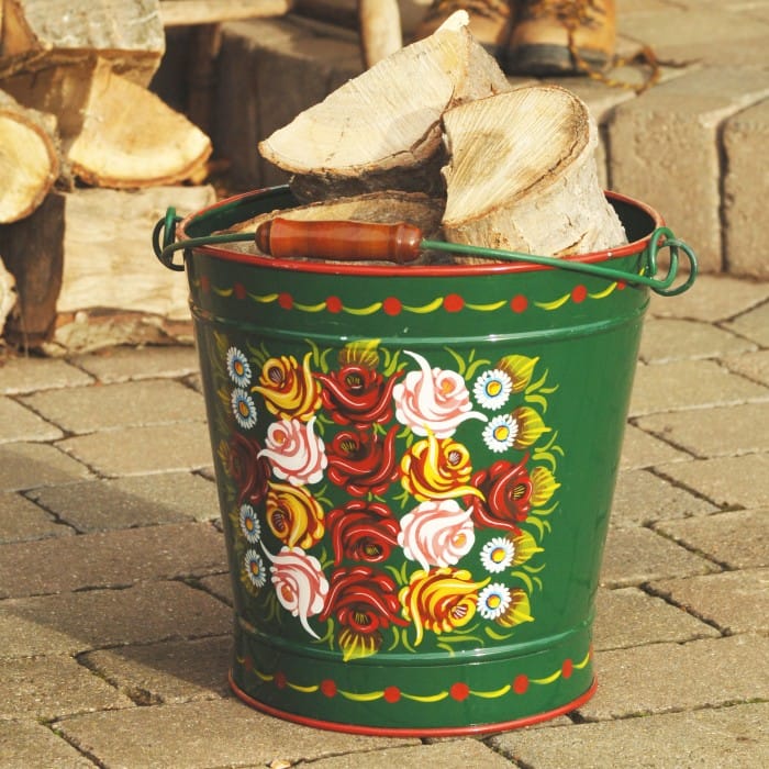 Hand Painted Green "Narrowboat" Log Bucket - 35.5cm