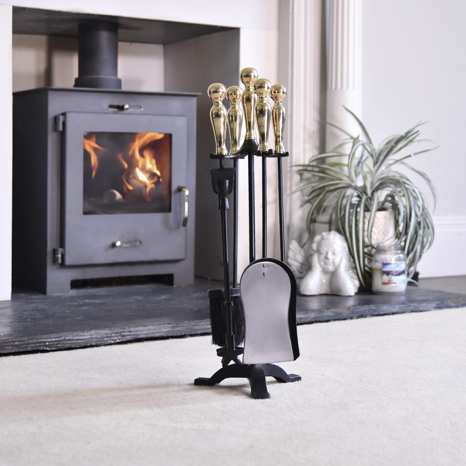 Polished Brass and Black Fireside Companion Set
