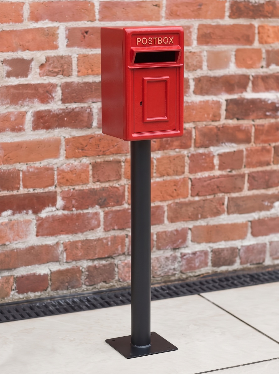 Red and Gold Traditional Iron Post Box With Stand