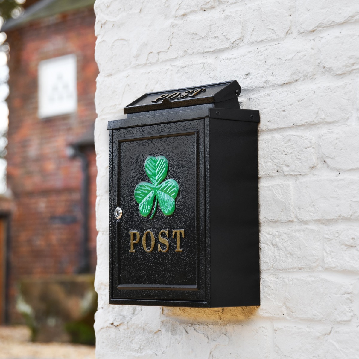 Clover Motif Black Wall Mounted Post Box
