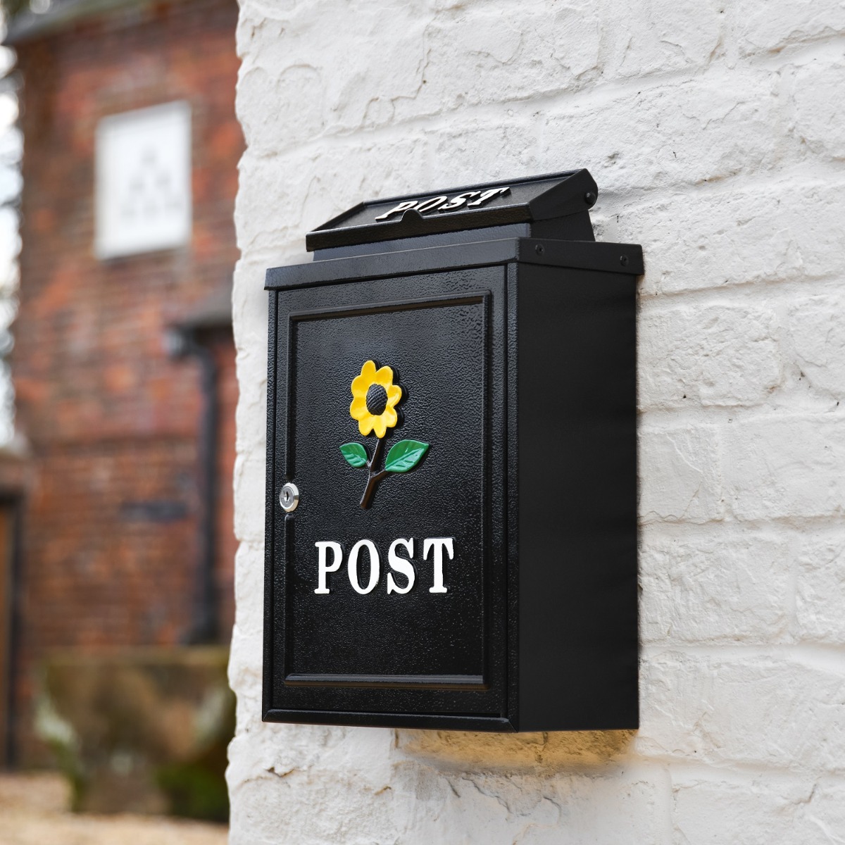 Sunflower Motif Black Wall Mounted Post Box