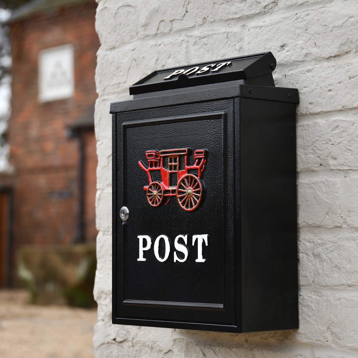 Red Carriage Motif Black Wall Mounted Post Box