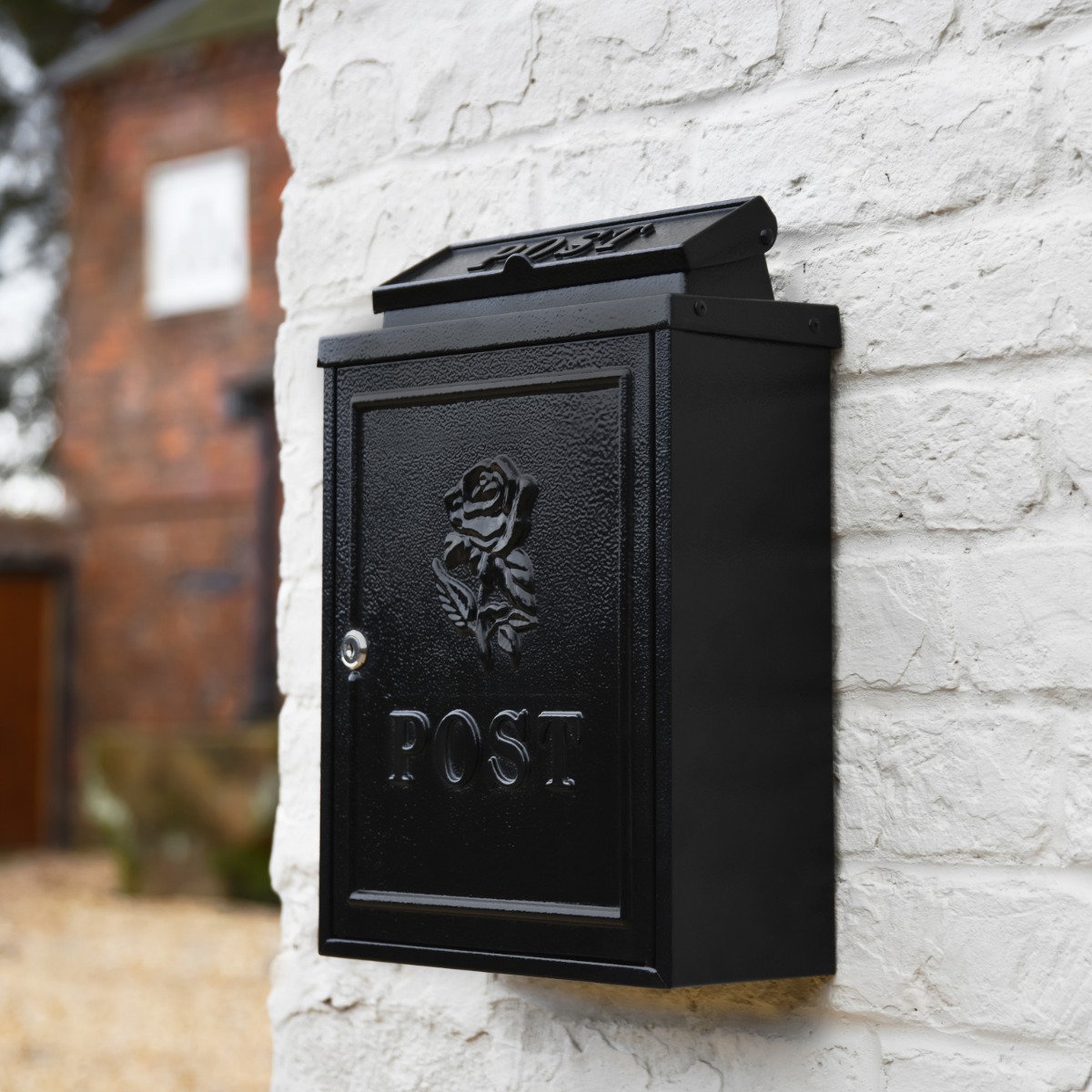 Black Rose Motif Wall Mounted Post Box