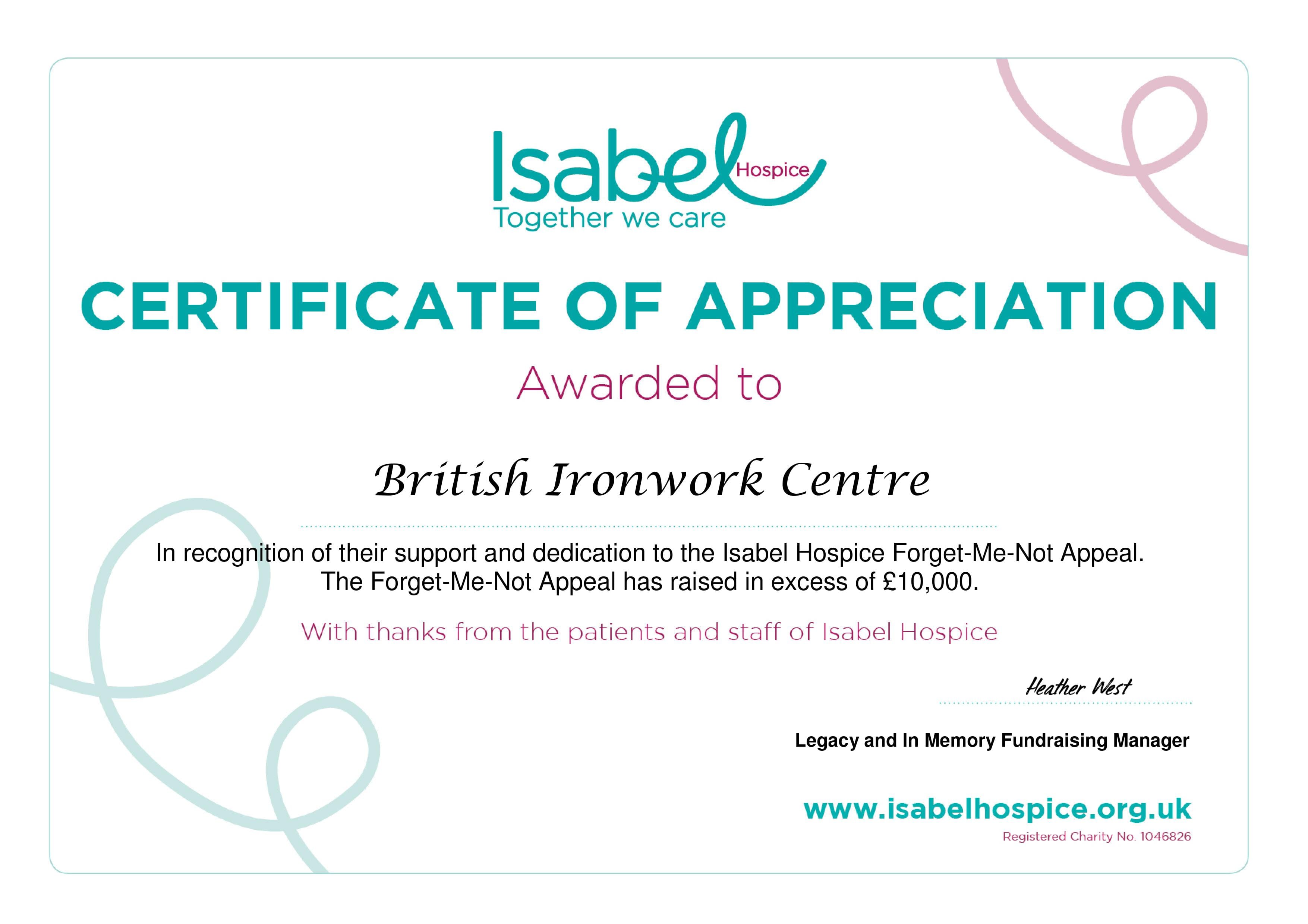 Isabel Hospice Certificate