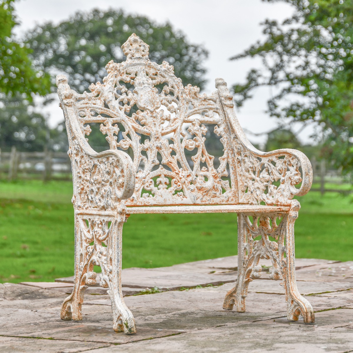 Antique Cream Cast Iron Gothic One Seat Bench