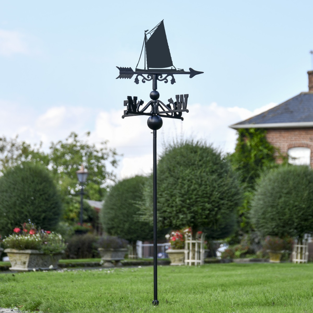 Freestanding Weathervane with Norfolk Wherry Sail Boat Topper in Situ