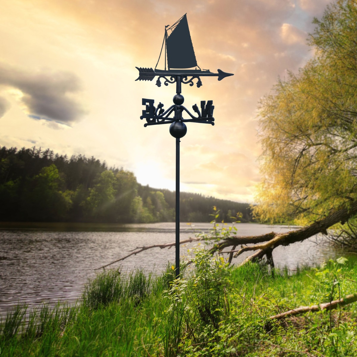 Freestanding Norfolk Wherry Sail Boat Weathervane at Sunset