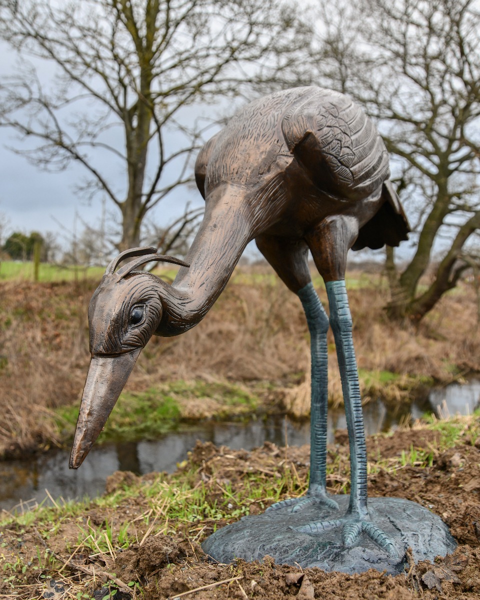 Verdigris Crane Garden Sculpture
