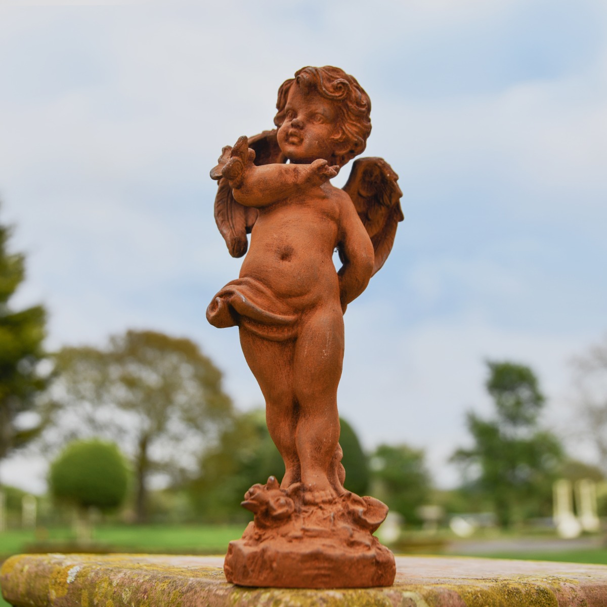Cherub with Butterfly Cast Iron Rustic Sculpture
