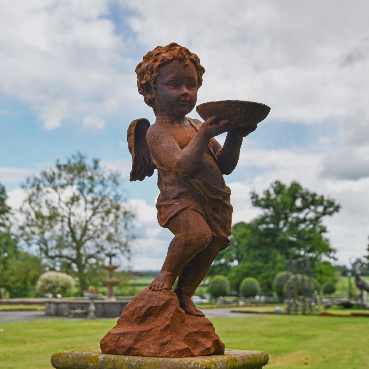 Cherub with Bird Bath Cast Iron Rustic Sculpture