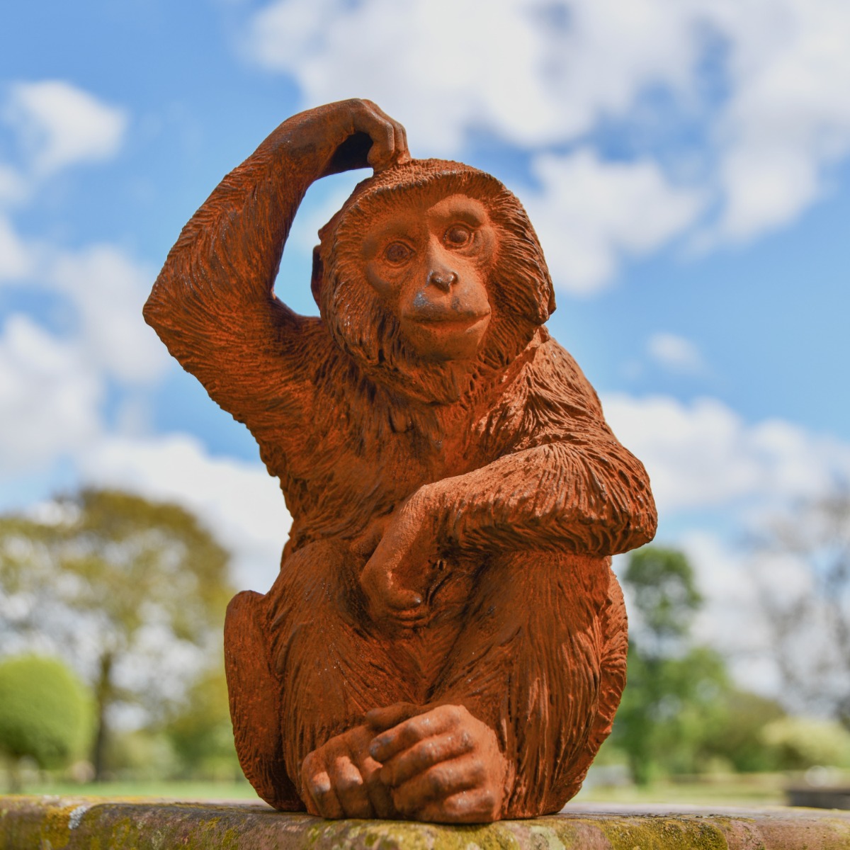 Head Scratching Monkey Cast Iron Rustic Sculpture