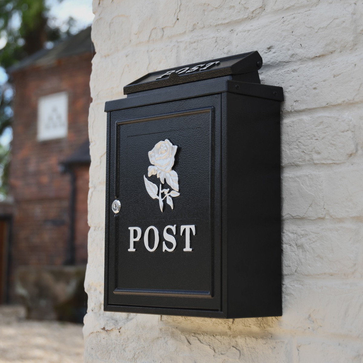 Silver Rose Motif Black Wall Mounted Post Box