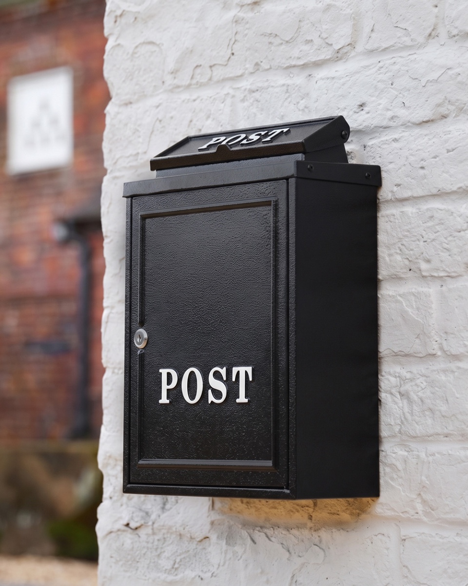 Black Wall Mounted Post Box with White Lettering