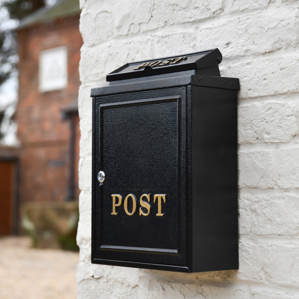 Black Wall Mounted Post Box with Gold Lettering