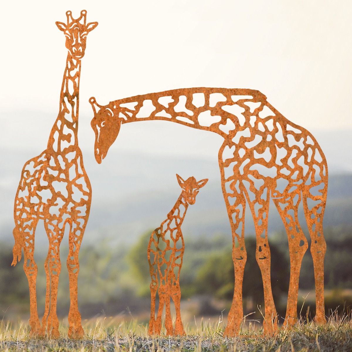 Giraffe Family Sheet Steel Silhouette in Rustic Finish