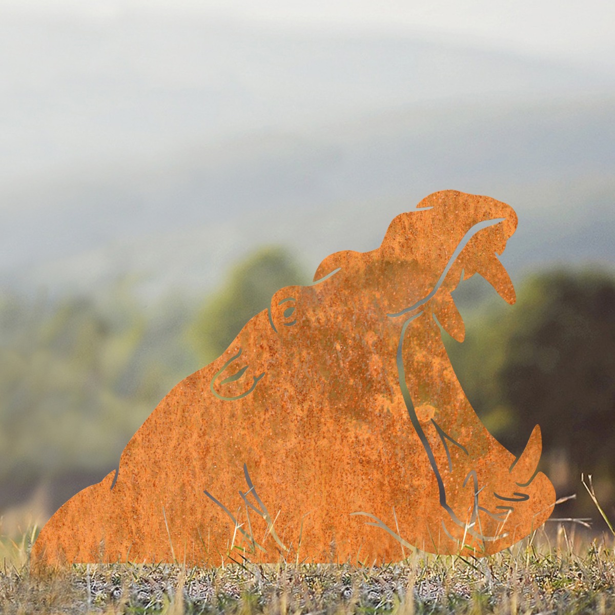 Hippo Head Sheet Steel Silhouette in Rustic Finish