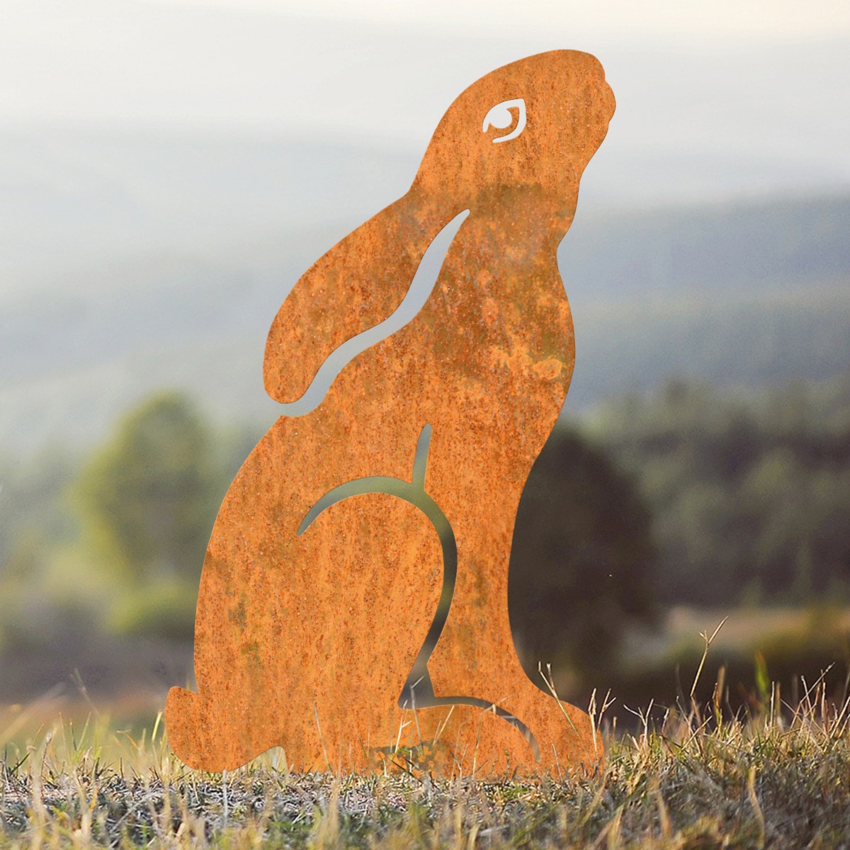 Modern Moon-Gazing Hare Sheet Steel Silhouette in Rustic Finish