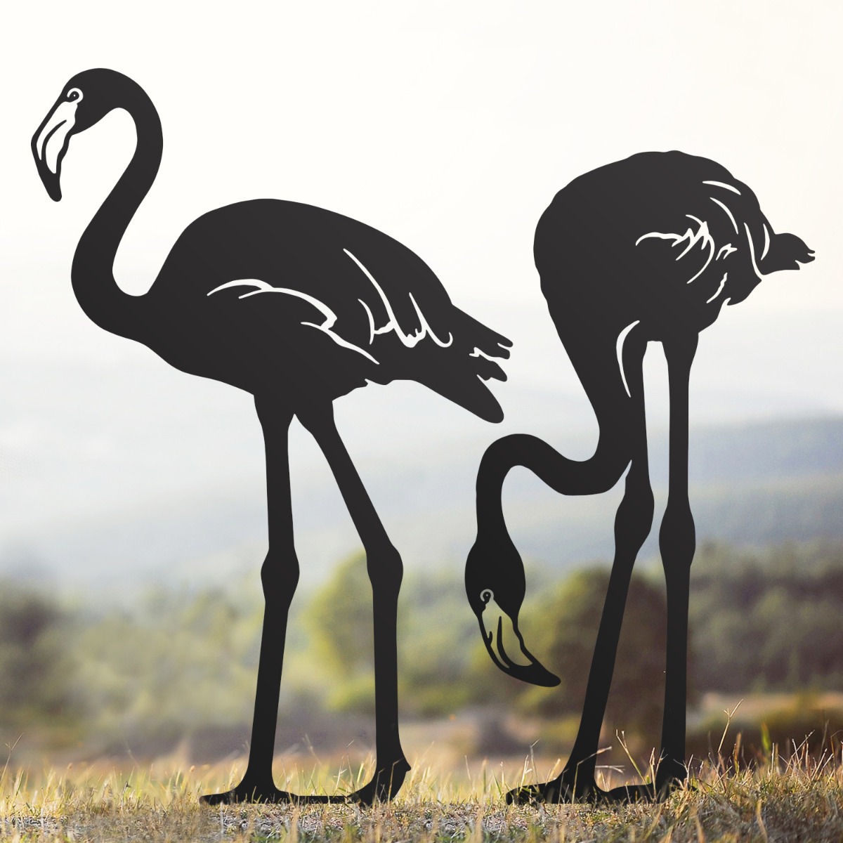 Pair of Flamingos Sheet Steel Silhouette in Black Finish in Situ