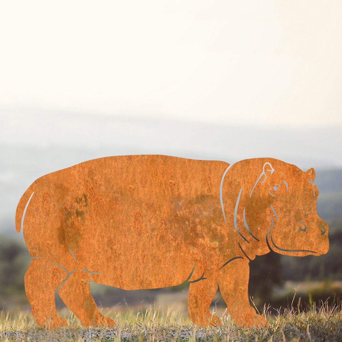 Standing Hippo Sheet Steel Silhouette in Rustic Finish