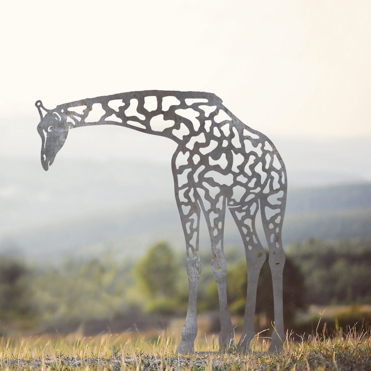 Bent Necked Giraffe Sheet Steel Silhouette in Natural Steel Finish