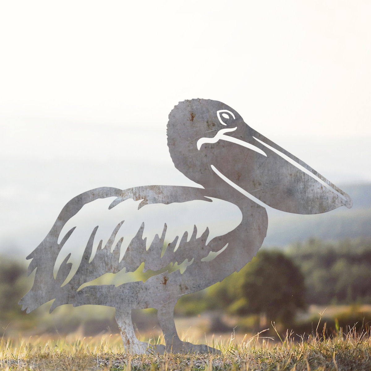 Crouching Pelican Sheet Steel Silhouette in Natural Steel Finish