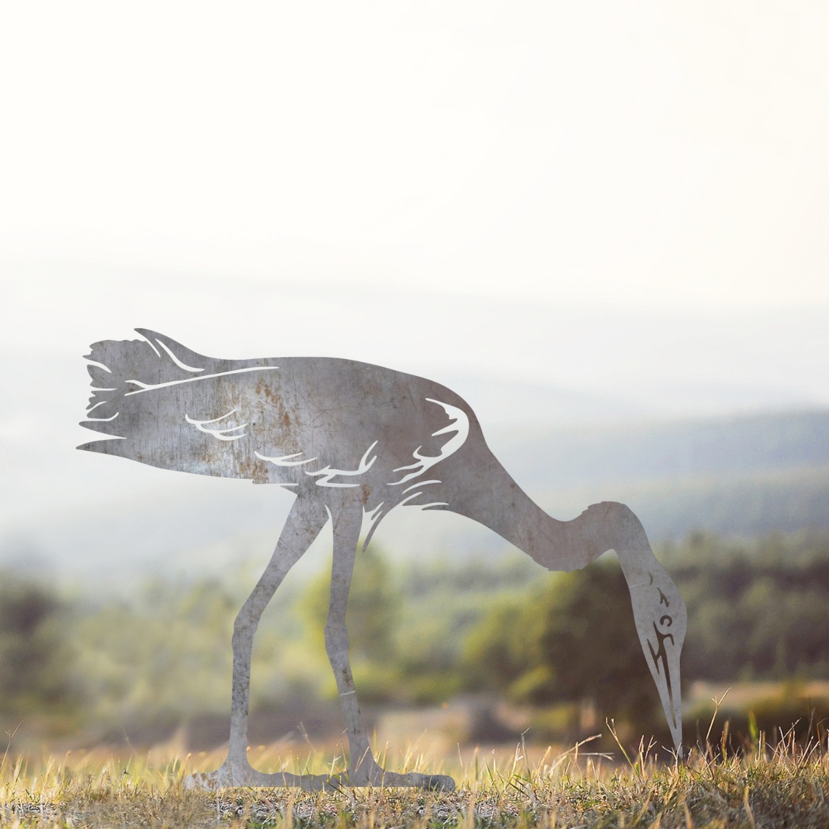 Drinking Heron Sheet Steel Silhouette in Natural Steel Finish
