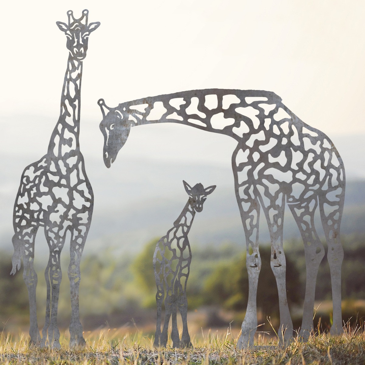 Giraffe Family Sheet Steel Silhouette in Natural Steel Finish