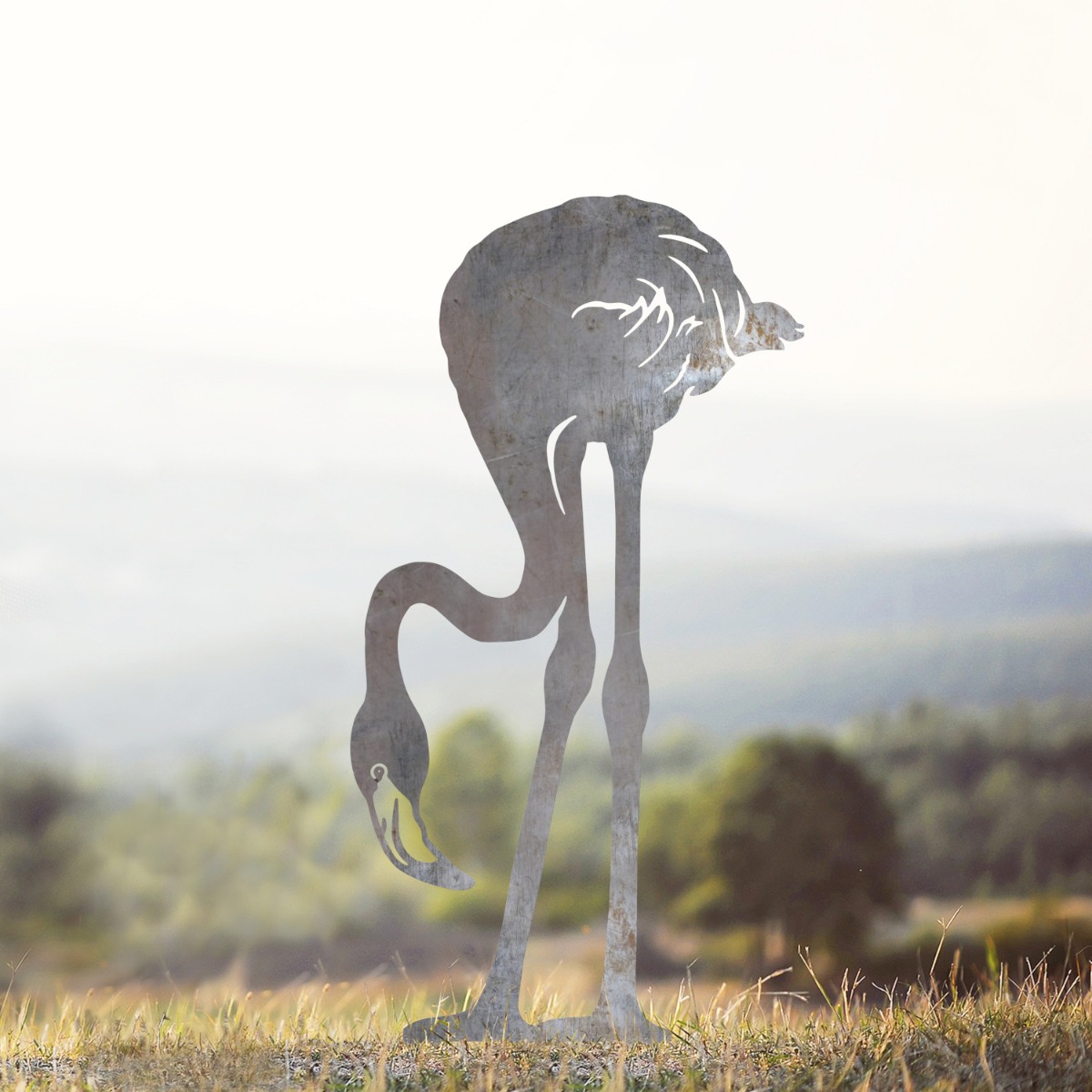 Head Down Flamingo Sheet Steel Silhouette in Natural Steel Finish
