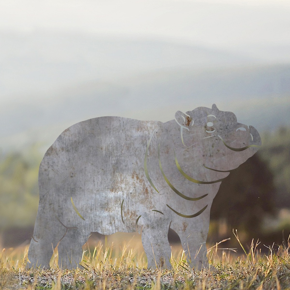 Hippo Looking Up Sheet Steel Silhouette in Natural Steel Finish