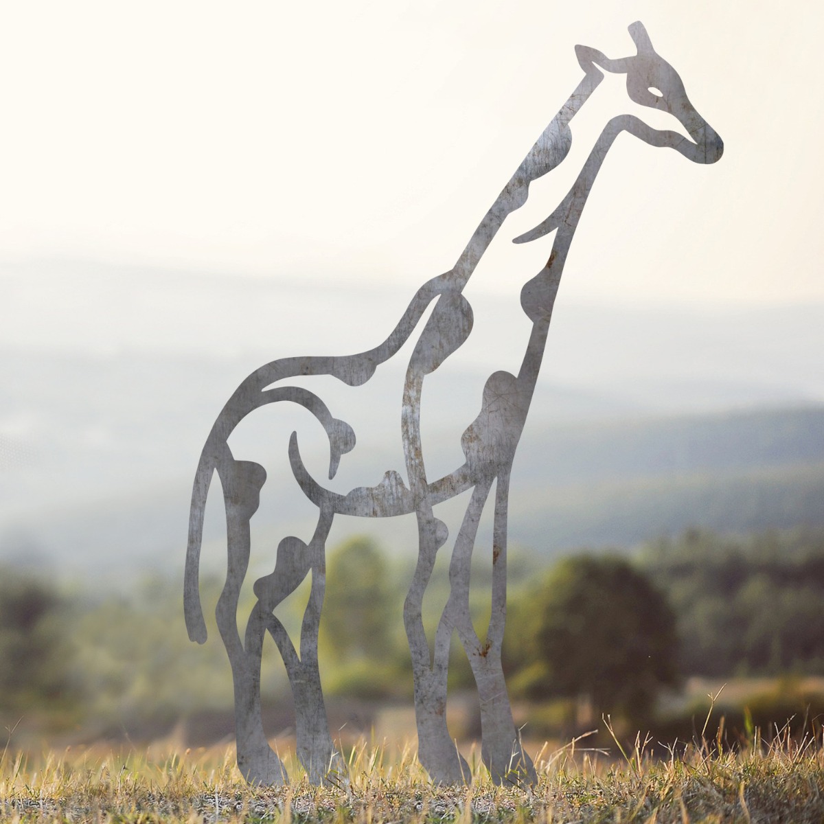 Modern Spotted Giraffe Sheet Steel Silhouette in Natural Steel Finish