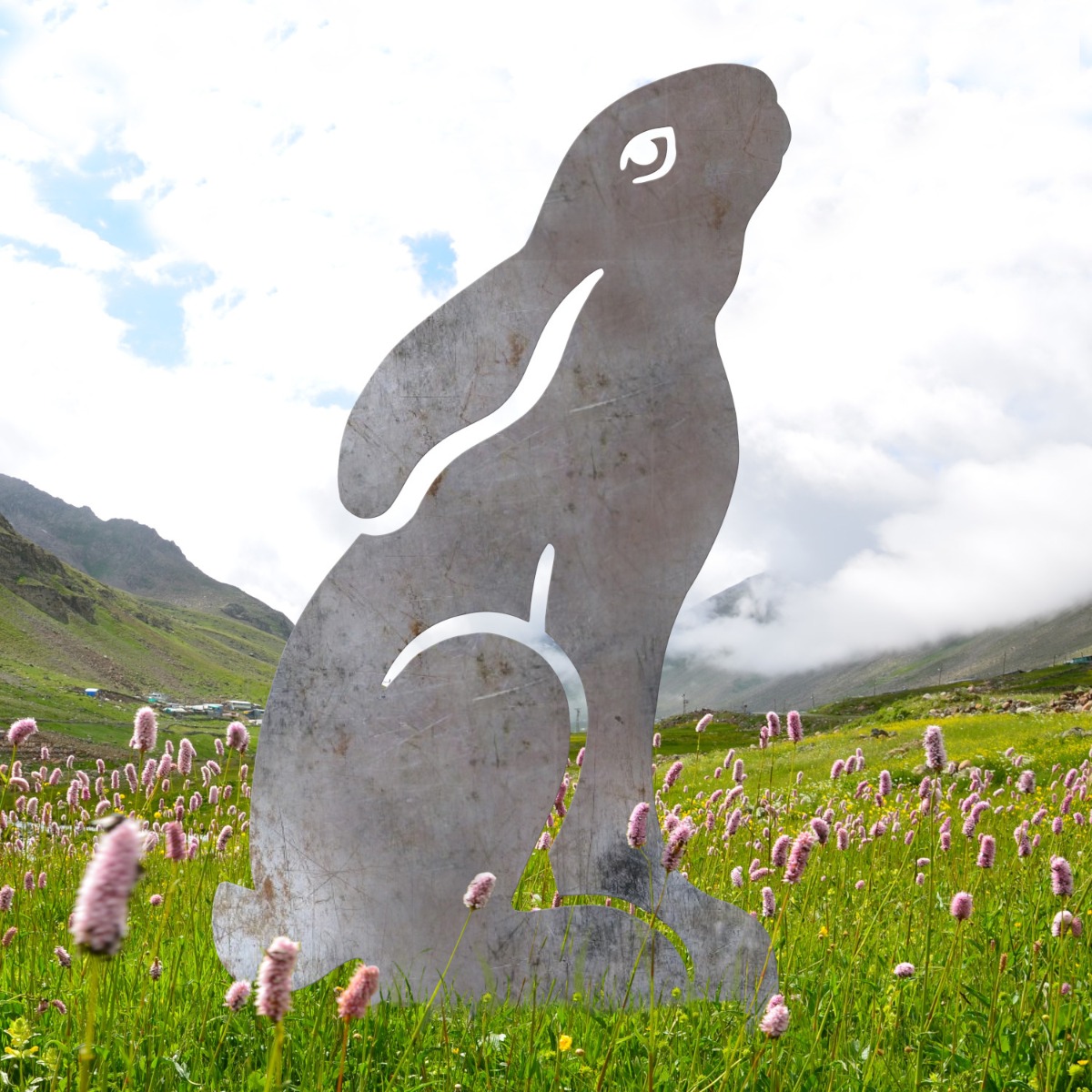Modern Moon-Gazing Hare Sheet Steel Silhouette in Natural Steel Finish