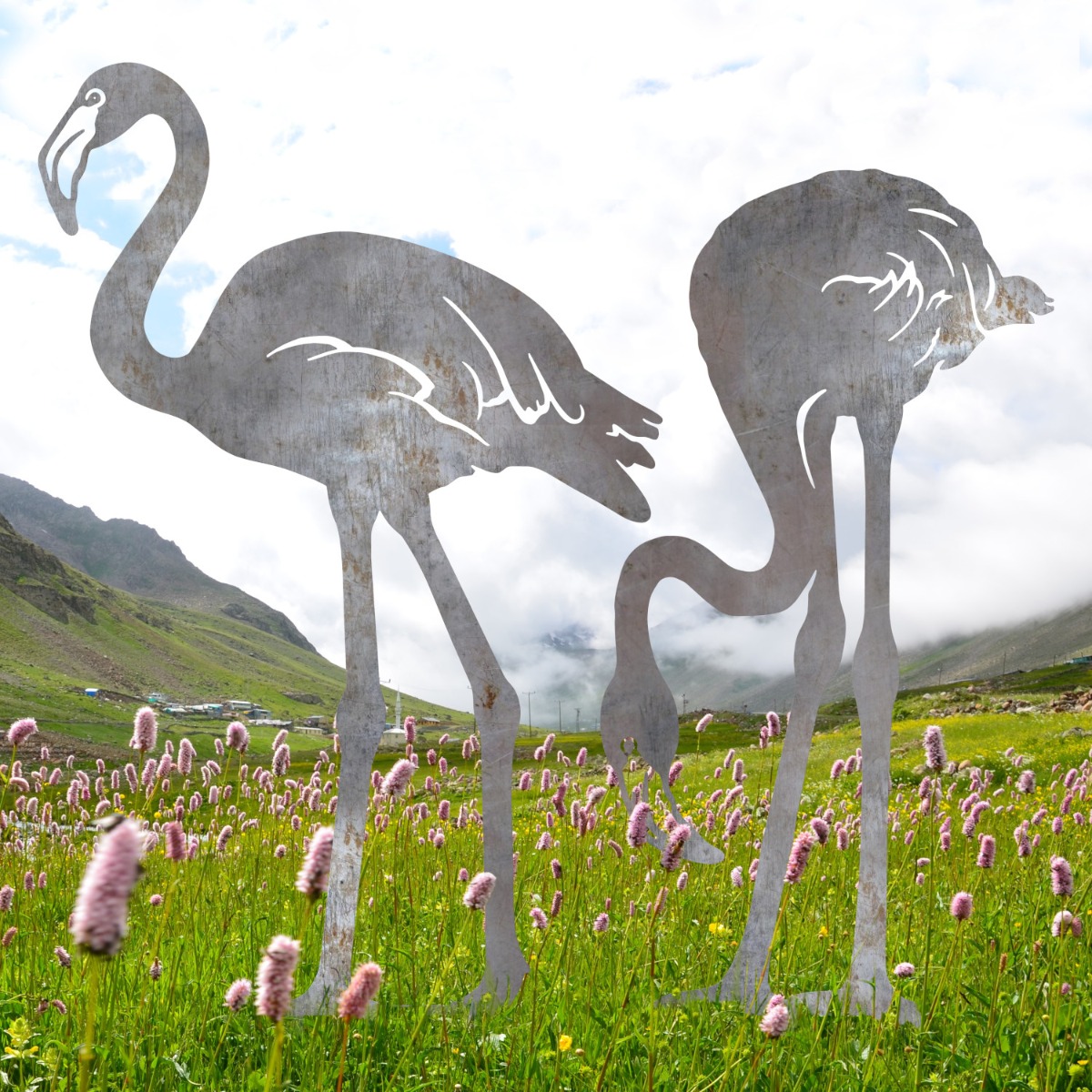 Pair of Flamingos Sheet Steel Silhouette in Natural Steel Finish