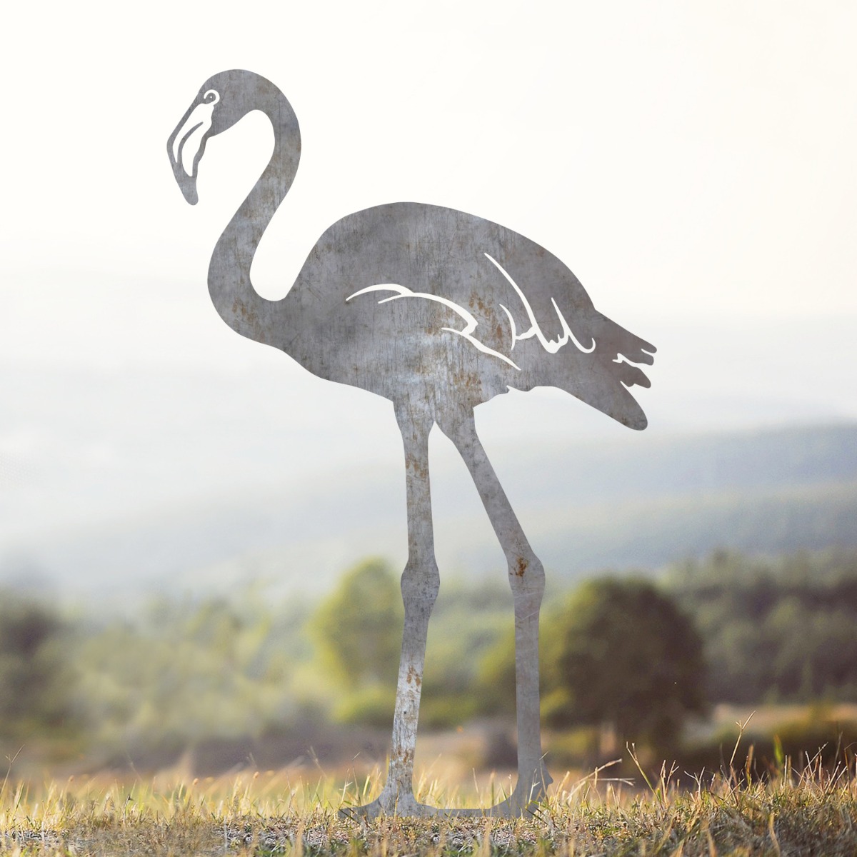 Standing Flamingo Sheet Steel Silhouette in Natural Steel Finish