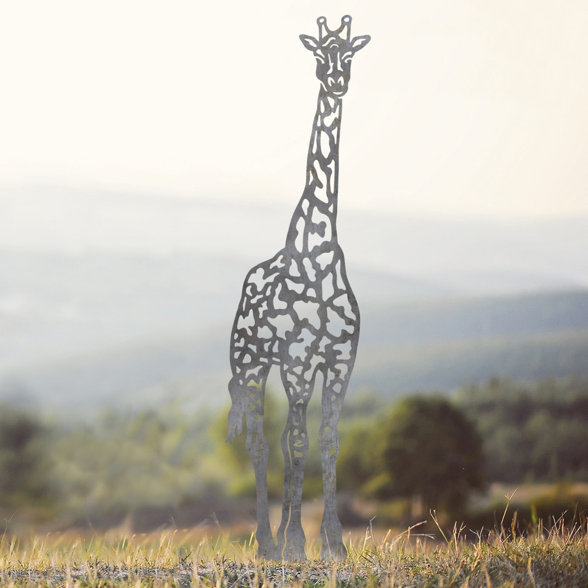 Standing Giraffe Sheet Steel Silhouette in Natural Steel Finish