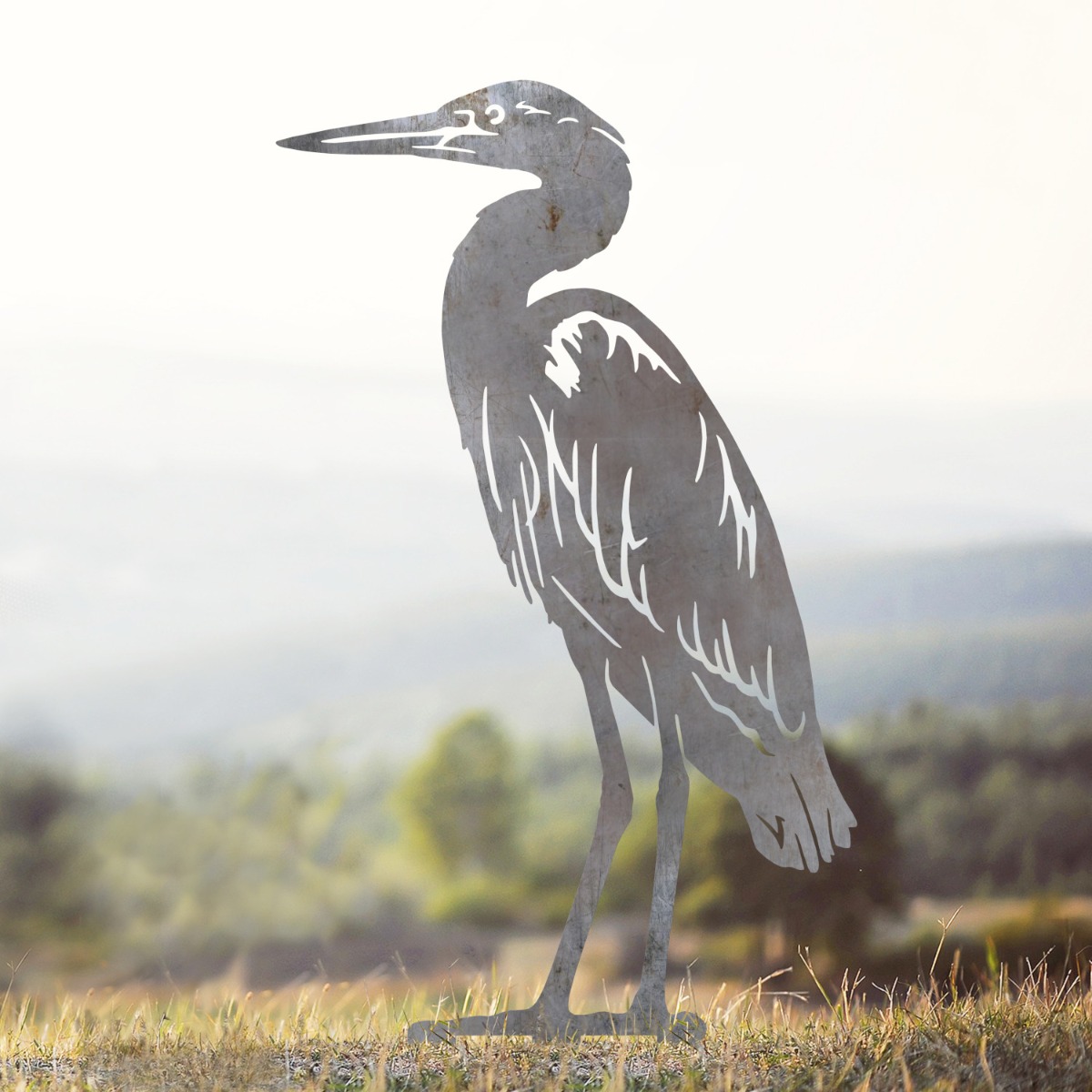 Standing Heron Sheet Steel Silhouette in Natural Steel Finish