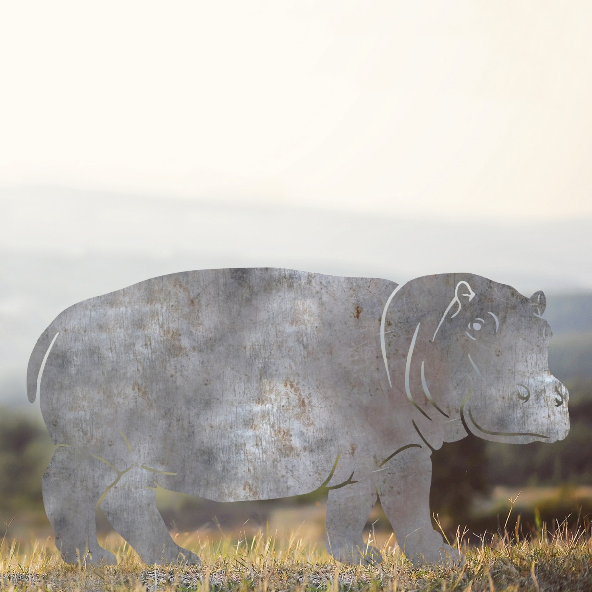 Standing Hippo Sheet Steel Silhouette in Natural Steel Finish