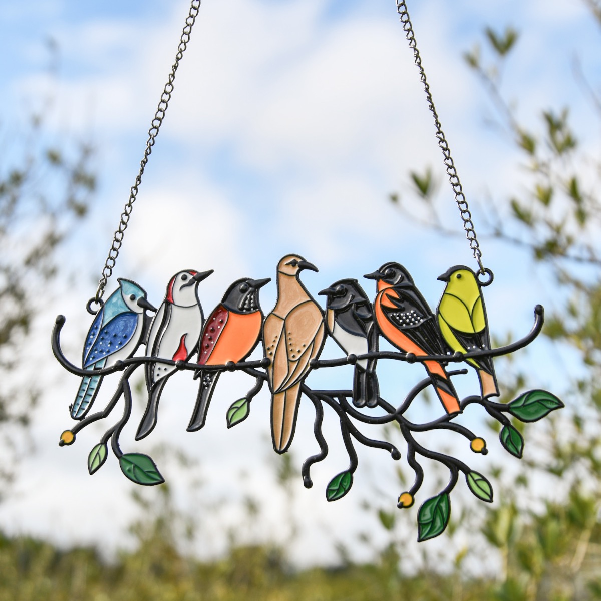Stained Glass & Metal Flock of Birds Garden Decoration In Situ