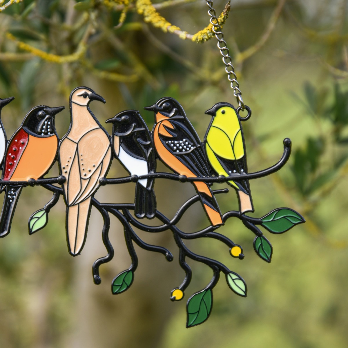 Close Up Of Stained Glass & Metal Flock of Birds Garden Decoration Right Side