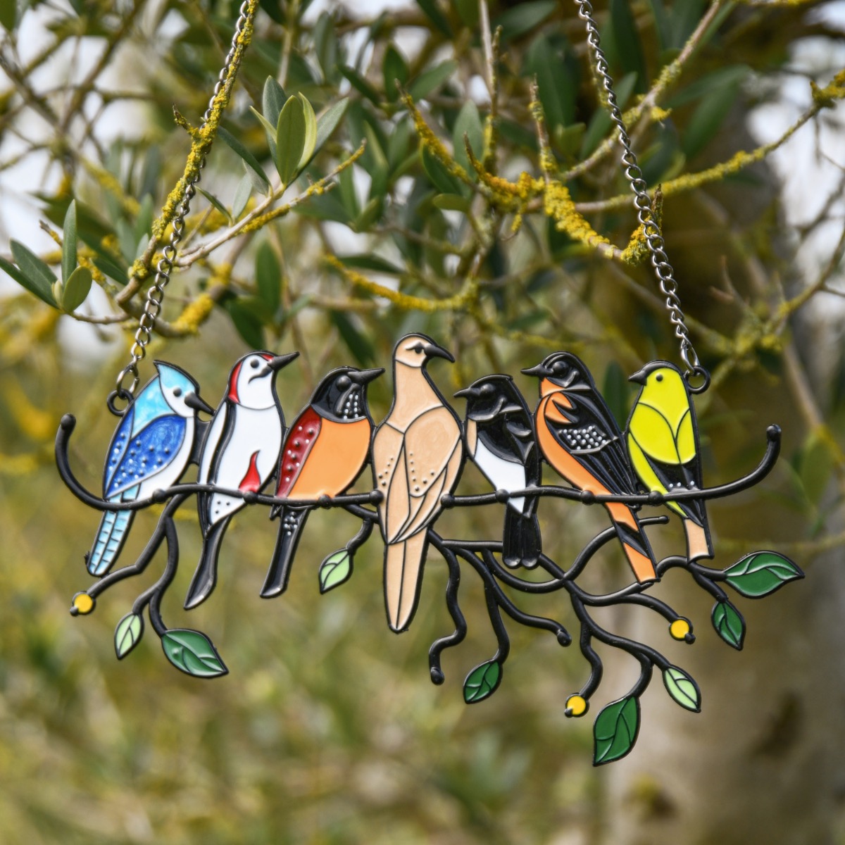 Stained Glass & Metal Flock of Birds Garden Decoration In A Tree