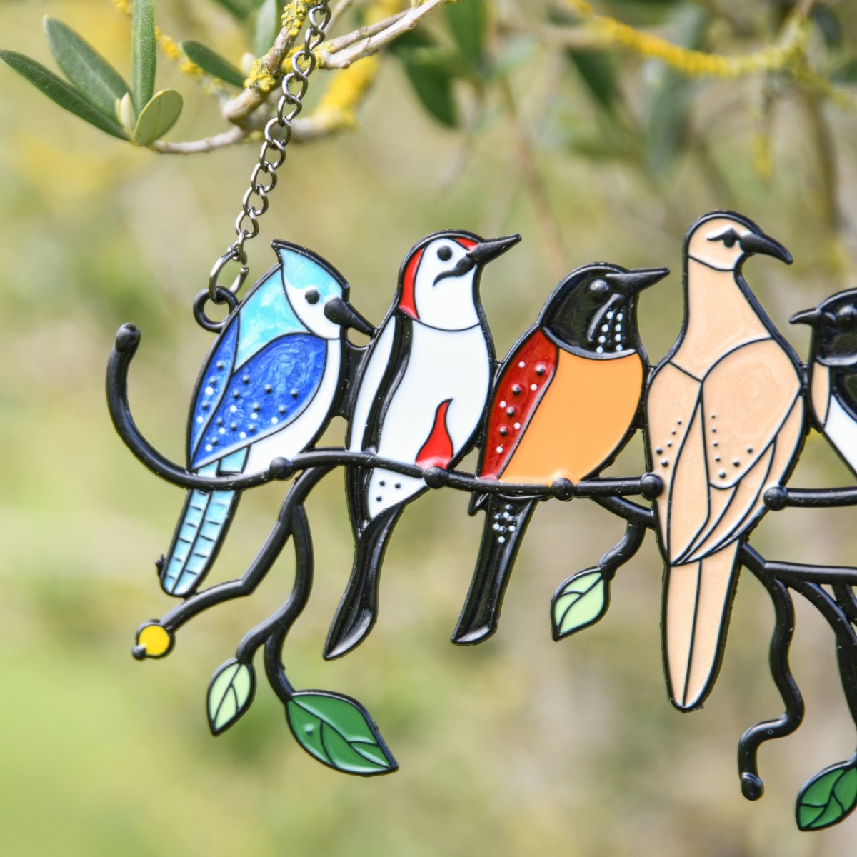 Close Up Of Stained Glass & Metal Flock of Birds Garden Decoration Left Side